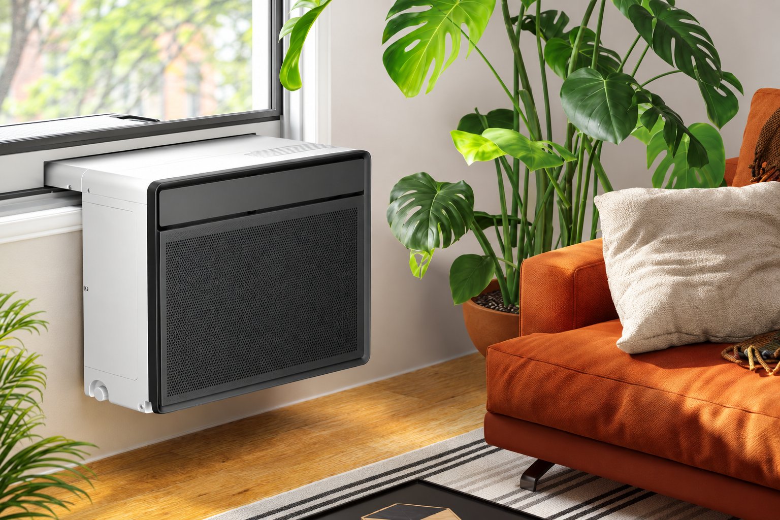 In-window heat pump mounted below a window in a bright living room
