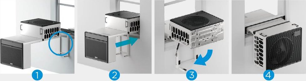 Four installation steps: set the outdoor section, slide in the indoor section, fold down the bracket, lower the window