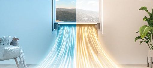 Warm and cool airflow from a heat pump mounted in a window
